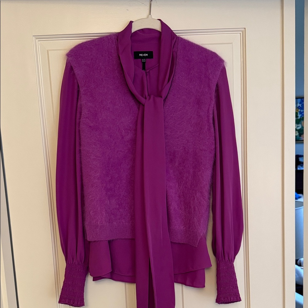 ME + EM Magenta Tie-Neck Blouse with Fuzzy Vest